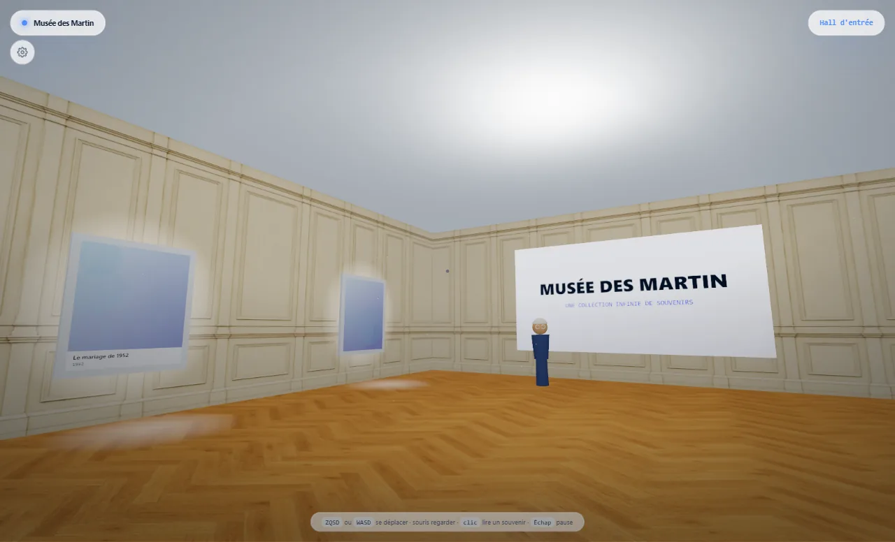 The entrance hall of a demo family museum, the « Musée des Martin », in the classical style: framed memories on panelled walls, the museum title and a small guide character