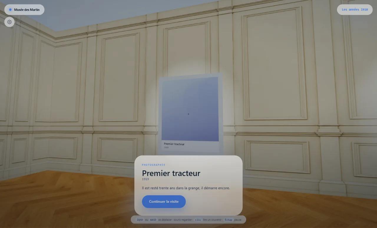 A visitor reads a memory’s label: « Premier tracteur », 1919, and its anecdote, in front of the framed picture