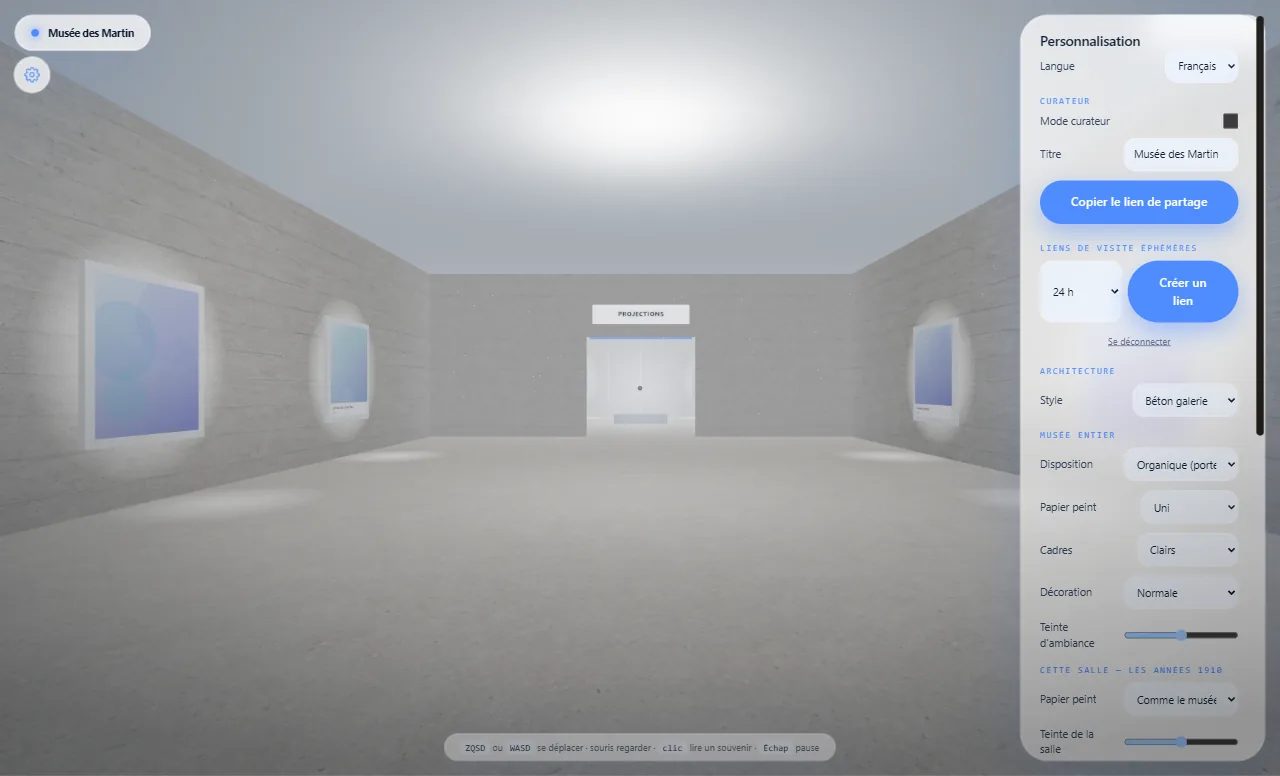 A gallery in the concrete style with the personalisation panel open: architecture style, layout, frames, share link and time-limited visit links